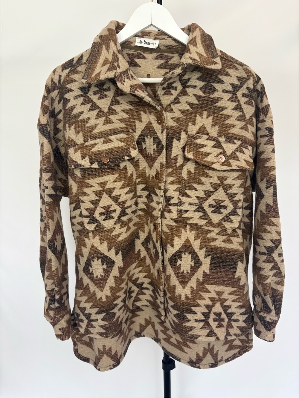 Aztec-Print Thick Jacket in Brown & Cream